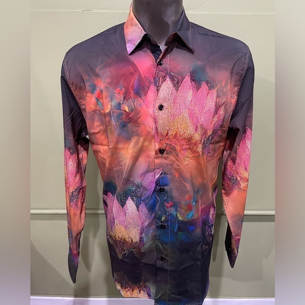 Deniko shirt button front casual black multi color rhinestones modern fit